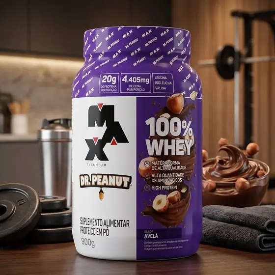 100% Whey Max Titanium x Dr. Peanut (900g), Sabor Avelã (imagem ilustrativa)