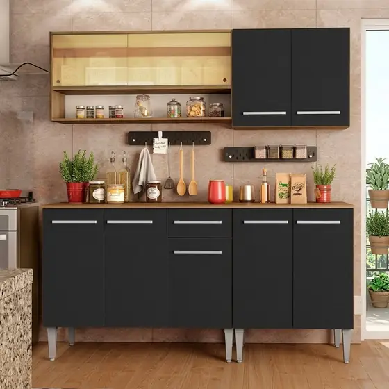 Armário de Cozinha Completa Madesa Emilly Dance com Balcão e Aéreo Vidro Reflex - Rustic/Preto (imagem ilustrativa)