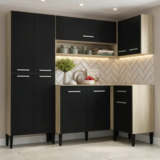 Cozinha Compacta Arizona Glam Com Armário E Balcão Carraro Cor Carvalho/Preto (imagem ilustrativa)