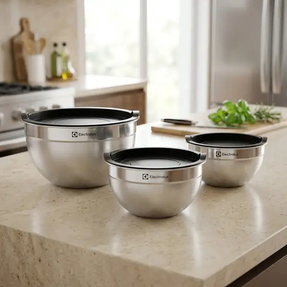 Electrolux Kit 3 Bowls Tigelas de Aço Inox com Tampa Plástica, 1,4L, 2L e 2,6L (imagem ilustrativa)