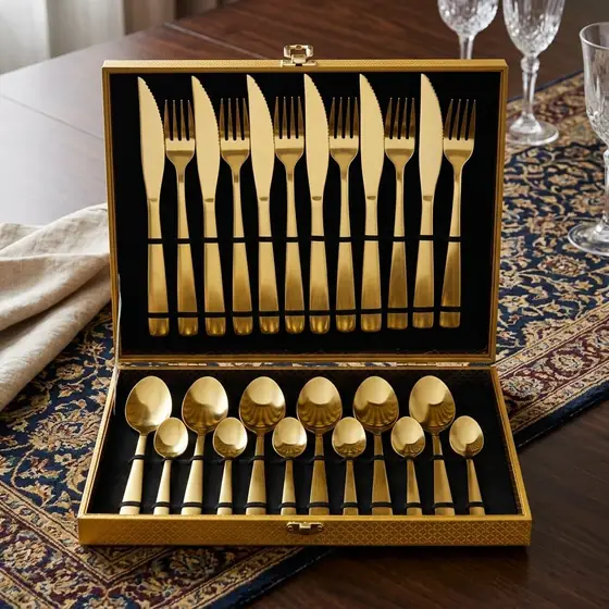 Eps-158 Kit Faqueiro Dourado Luxo Jogo Talheres Inox 24pçs + Maleta Sem Estampa (imagem ilustrativa)