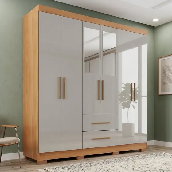 Guarda-roupa Casal com Espelho, 6 Portas e 2 Gavetas, Sallêto, Cinamomo e Off White (imagem ilustrativa)