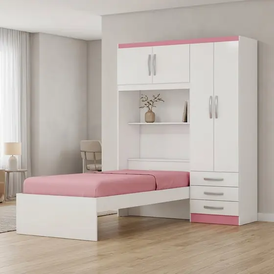 Guarda Roupa Infantil Menina com Cama 4 Portas 3 Gavetas Espresso Móveis Branco/Pink (imagem ilustrativa)