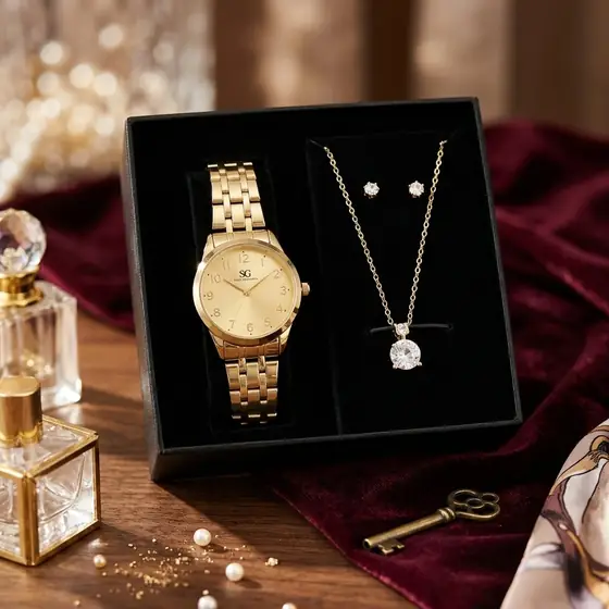 Kit Relógio Colar E Brincos Ponto De Luz Dourado Feminino Luxo Golden Saint Germain Presente (imagem ilustrativa)