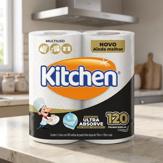 Papel Toalha Kitchen Folha Dupla - Pack com 2 rolos de 60 unidades de 19x22 cm cada (imagem ilustrativa)