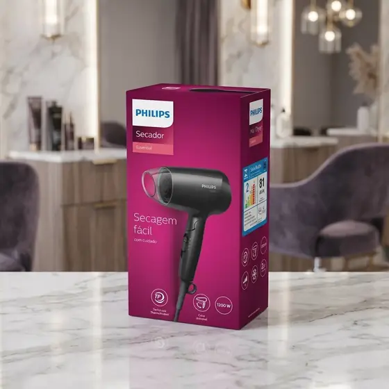 Philips Secador de Cabelo Essential 1200W Compacto com ThermoProtect Secagem prática e suave | (imagem ilustrativa)
