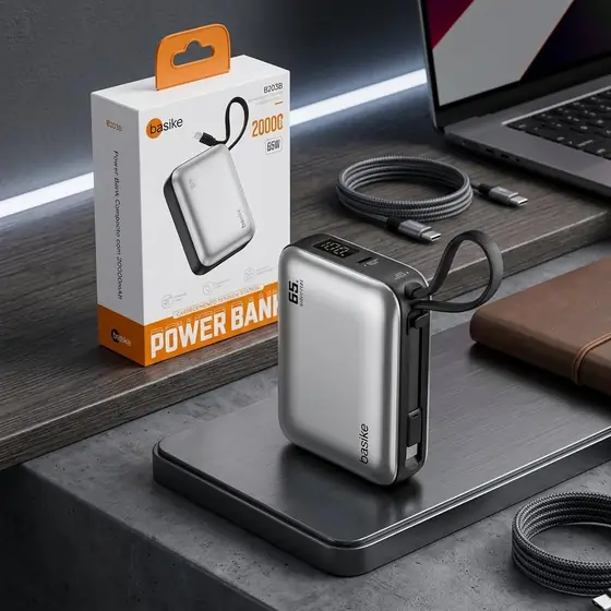 Power Bank Basike 20000mAh para Notebook e Celular com Cabo USB-C 65W (imagem ilustrativa)