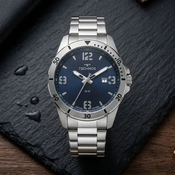 Relogio Technos Masculino 2115MYN/1A 45 Milímetros em Aço Inoxidável com Calendário Fundo Azul (imagem ilustrativa)