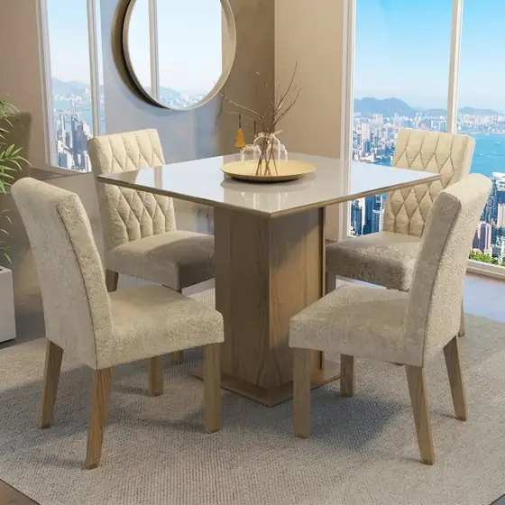 Sala de Jantar Madesa Anaju com Mesa de Vidro 90 cm e 4 Cadeiras Estofadas (imagem ilustrativa)