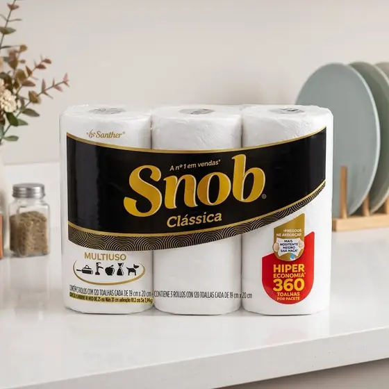 Snob Papel toalha multiuso folha dupla branca hiper 360fls, 3 rolos (imagem ilustrativa)