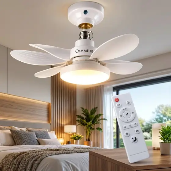 Ventilador de Teto 60W Silencioso Lâmpada Forte com LED, Controle e 6 Pás Soquete E27 Para (imagem ilustrativa)